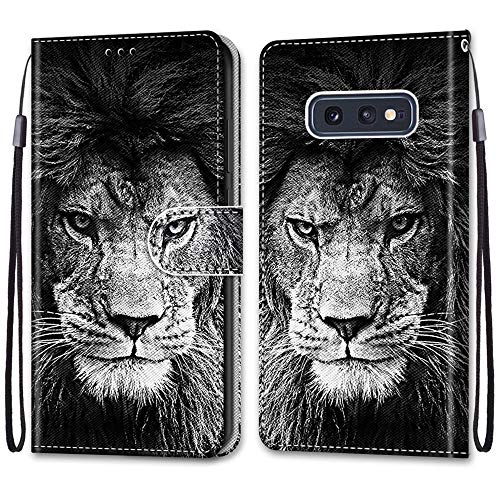 Nadoli Handyhülle Leder für Samsung Galaxy S10e,Bunt Bemalt Cool Schwarz Weiß Löwe Trageschlaufe Kartenfach Magnet Ständer Schutzhülle Brieftasche Ledertasche Tasche Etui von Nadoli