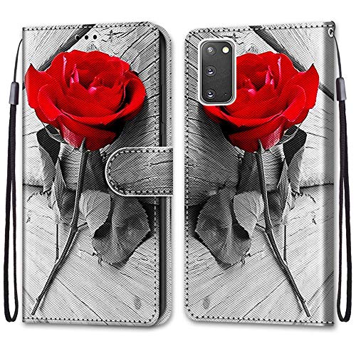 Nadoli Handyhülle Leder für Samsung Galaxy S20 Plus,Bunt Bemalt Schön Rot Rose Trageschlaufe Kartenfach Magnet Ständer Schutzhülle Brieftasche Ledertasche Tasche Etui von Nadoli