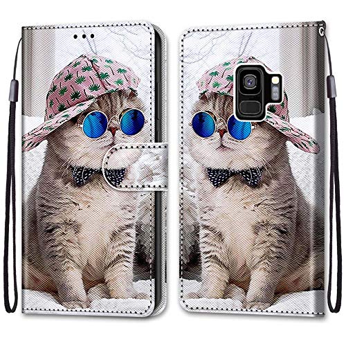 Nadoli Handyhülle Leder für Samsung Galaxy S9 Plus,Bunt Bemalt Brille Katze Trageschlaufe Kartenfach Magnet Ständer Schutzhülle Brieftasche Ledertasche Tasche Etui von Nadoli