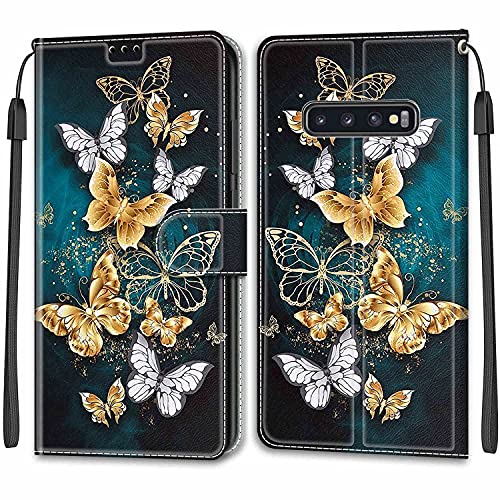 Nadoli Handyhülle für Samsung Galaxy S10 Plus,Bunt Bemalt [Gold Silber Schmetterling] Lanyard PU Leder Standfunktion Magnetverschluss Brieftasche Hülle Schutzhülle Etui von Nadoli
