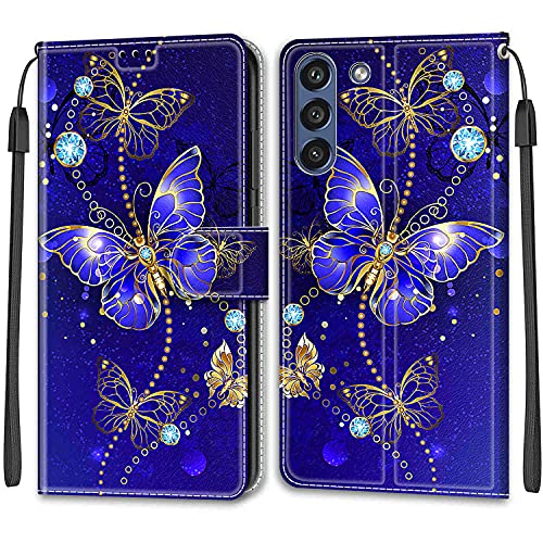 Nadoli Handyhülle für Samsung Galaxy S21 FE,Bunt Bemalt [Blau Schmetterling] Lanyard PU Leder Standfunktion Magnetverschluss Brieftasche Hülle Schutzhülle Etui von Nadoli