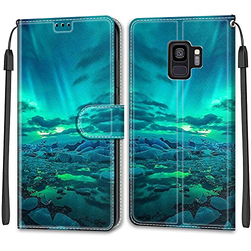 Nadoli Handyhülle für Samsung Galaxy S9,Bunt Bemalt [Grün Aurora] Lanyard PU Leder Standfunktion Magnetverschluss Brieftasche Hülle Schutzhülle Etui von Nadoli