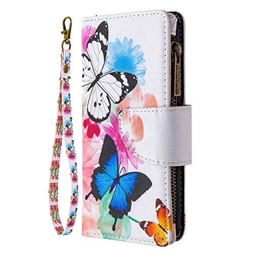 Nadoli Reißverschluss Brieftasche Etui für Xiaomi Redmi 9C,Bunt 9 Karte Halter Pu Leder Schmetterling Blumen Entwurf Lanyard Magnetisch Standfunktion Schutzhülle von Nadoli