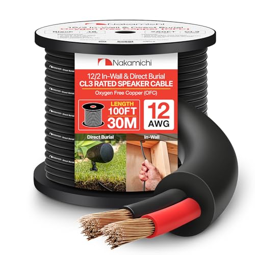 Nakamichi 12/2 (100 Fuß) In-Wall & Direct Burial (UL CL3 zertifiziert) sauerstofffreies Kupfer (OFC) 2-adriges Lautsprecherkabel, für den Außenbereich, im Boden, Schwarz (12AWG / 100 Fuß / 30,48m) von Nakamichi