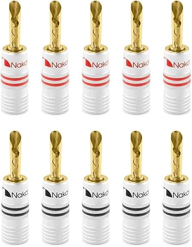 Nakamichi 24K vergoldeter Bananenstecker 12 AWG - 18 AWG Gauge Größe 4mm für Lautsprecher Verstärker Hi-Fi AV Receiver Stereo Heimkino Audiokabel Stecker BFA Stecke (10 Stück (5-Paar), BFA Stecker) von Nakamichi