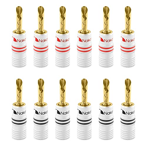 Nakamichi 24K vergoldeter Bananenstecker 12 AWG - 18 AWG Gauge Größe 4mm für Lautsprecher Verstärker Hi-Fi AV Receiver Stereo Heimkino Audiokabel Stecker BFA Stecke (12 Stück (6-Paar), BFA Stecker) von Nakamichi