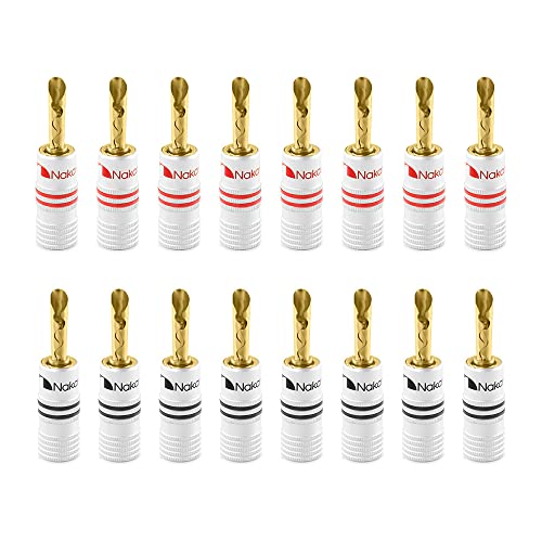 Nakamichi 24K vergoldeter Bananenstecker 12 AWG - 18 AWG Gauge Größe 4mm für Lautsprecher Verstärker Hi-Fi AV Receiver Stereo Heimkino Audiokabel Stecker BFA Stecke (16 Stück (8-Paar), BFA Stecker) von Nakamichi