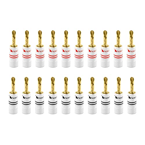 Nakamichi 24K vergoldeter Bananenstecker 12 AWG - 18 AWG Gauge Größe 4mm für Lautsprecher Verstärker Hi-Fi AV Receiver Stereo Heimkino Audiokabel Stecker BFA Stecke (20 Stück (10-Paar), BFA Stecker) von Nakamichi
