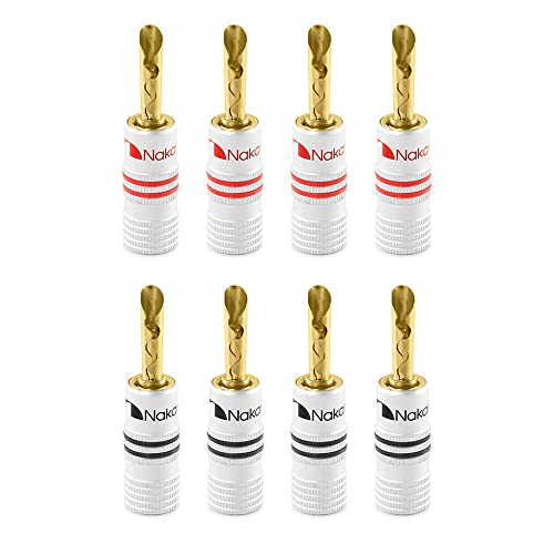 Nakamichi 24K vergoldeter Bananenstecker 12 AWG - 18 AWG Gauge Größe 4mm für Lautsprecher Verstärker Hi-Fi AV Receiver Stereo Heimkino Audiokabel Stecker BFA Stecker, 8 Stück (4-Paar) von Nakamichi