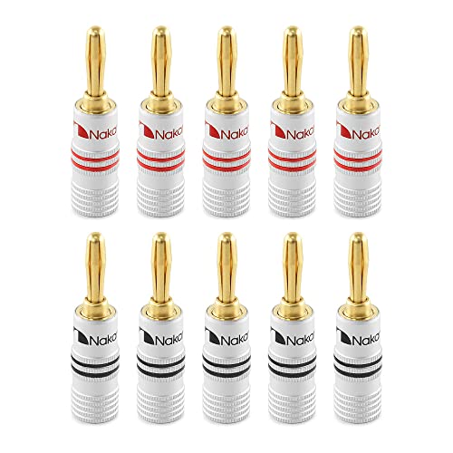 Nakamichi 24K vergoldeter Bananenstecker 12 AWG - 18 AWG Gauge Größe 4mm für Lautsprecher Verstärker Hi-Fi AV Receiver Stereo Heimkino Audiokabel Stecker schraubbar 10 Stück (5 Paar) von Nakamichi