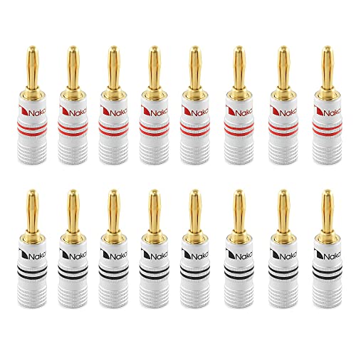 Nakamichi 24K vergoldeter Bananenstecker 12 AWG - 18 AWG Gauge Größe 4mm für Lautsprecher Verstärker Hi-Fi AV Receiver Stereo Heimkino Audiokabel Stecker schraubbar 16 Stück (8-Paare) von Nakamichi