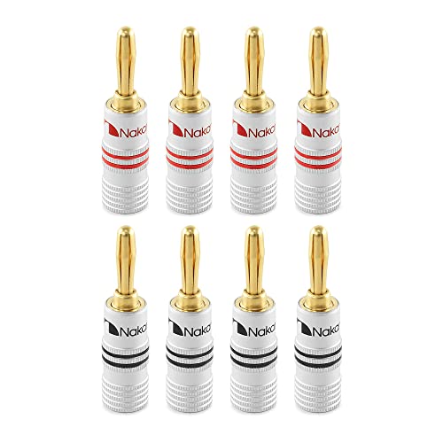 Nakamichi 24K vergoldeter Bananenstecker 12 AWG - 18 AWG Gauge Größe 4mm für Lautsprecher Verstärker Hi-Fi AV Receiver Stereo Heimkino Audiokabel Stecker schraubbar 8 Stück (4-Paare) von Nakamichi