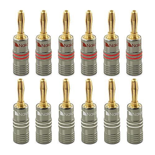 Nakamichi Ultimate Series 24K vergoldeter Beryllium-Rotes-Kupfer-Bananenstecker Banana-Steckverbinder für Lautsprecherkabel 12-18 AWG Gauge Größe 4 mm, für HiFi-Boxen Verstärker 12 Stück (6 Paare) von Nakamichi