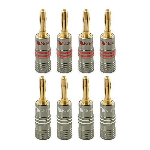 Nakamichi Ultimate Series 24K vergoldeter Beryllium-Rotes-Kupfer-Bananenstecker Banana-Steckverbinder für Lautsprecherkabel 12-18 AWG Gauge Größe 4 mm, für HiFi-Boxen Verstärker 8 Stück (4 Paare) von Nakamichi