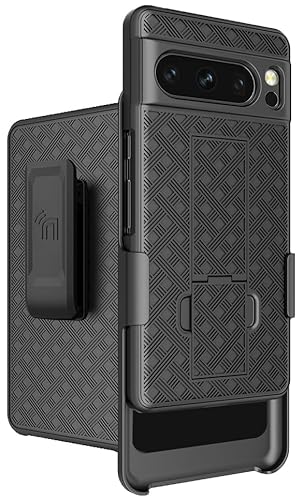 Nakedcellphone Schutzhülle mit Clip für Google-Pixel 8 Pro, Gitterstruktur, schmale Hartschale, mit Ständer und drehbarer Ratsche, Gürtelholster, Halter, Combo – Mattschwarz von Nakedcellphone