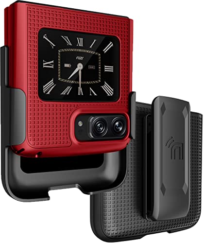 Nakedcellphone Schutzhülle mit Clip für Motorola RAZR 2022 Flip Phone, Nakedcellphone [Gitterstruktur] Slim Hard Shell Cover und [Ratsche] Gürtel Hüftholster Halter Combo für Moto RAZR 3 5G – Rot von Nakedcellphone