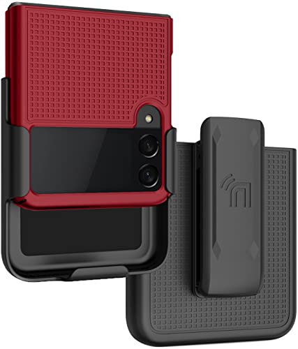 Schutzhülle mit Clip für Galaxy Z Flip 3 5G, Nakedcellphone [Gitterstruktur] Slim Hard Shell Cover und [Ratsche] Gürtel-Hüftholster Halter Combo für Samsung Z Flip3 Phone (SM-F711, 2021) – Rot von Nakedcellphone