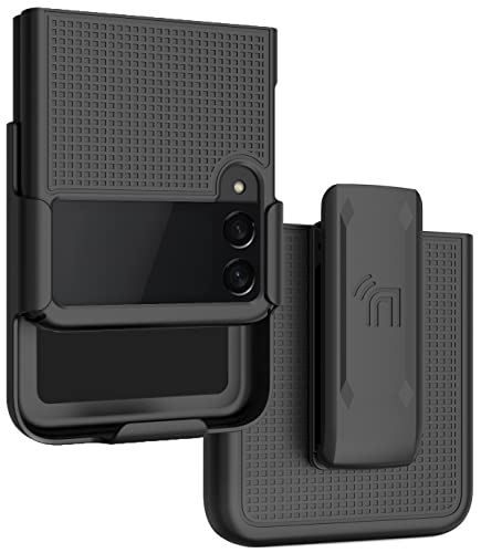 Schutzhülle mit Clip für Galaxy Z Flip 3 5G, Nakedcellphone [Gitterstruktur] Slim Hard Shell Cover und [Ratsche] Gürtel-Hüftholster Halter Combo für Samsung Z Flip3 Phone (SM-F711, 2021) – Schwarz von Nakedcellphone