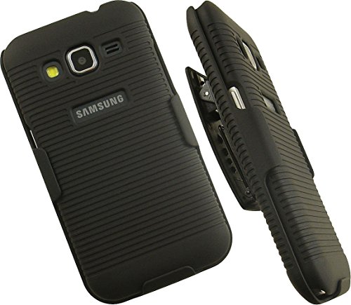 nakedcellphone 's Black Rubberized Gerippter Hard Case Cover + belt clip Holster Stehen für Samsung Galaxy Core Prime G360 Telefon (Verizon, Boost Mobile, Virgin Mobile, entsperrt, (Aka: Core Prime Duos oder Galaxy Prevail LTE) sm-g360, sm-g360g, sm-g360h, sm-g360 F, sm-g3606, sm-g3609, etc.) von Nakedcellphone