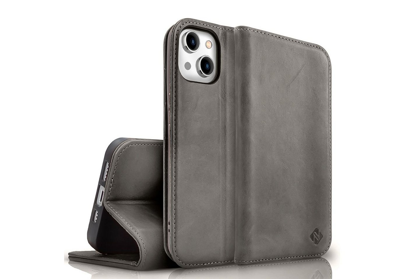 Nalia Flip Case Apple iPhone 15 Plus, Echt Leder Etui / Standfunktion Kickstand / RFID Schutz Handyhülle von Nalia