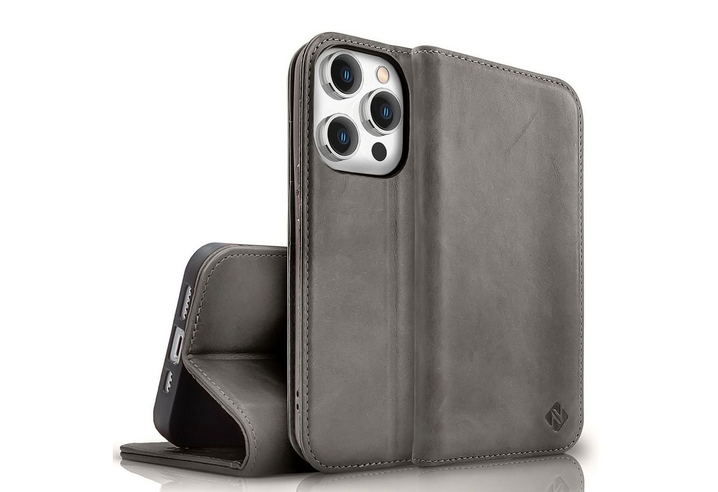Nalia Flip Case Apple iPhone 15 Pro, Echt Leder Etui / Standfunktion Kickstand / RFID Schutz Handyhülle von Nalia