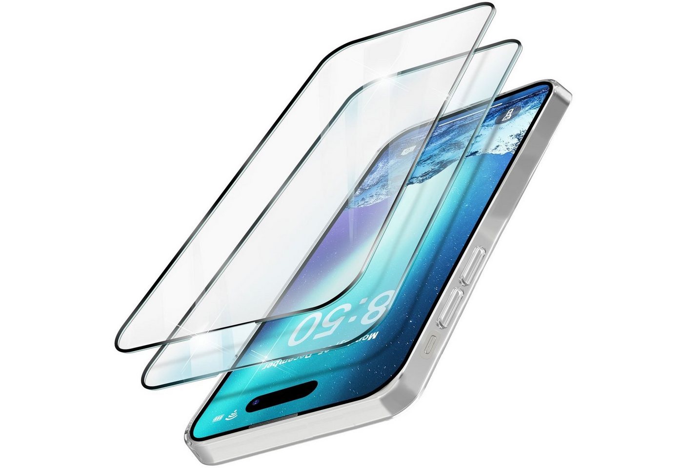 Nalia Schutzfolie Apple iPhone 15 Plus, 2x Display Schutzglas & 1x Schablone / gehärtete Glasfolie / 9H Schutz von Nalia