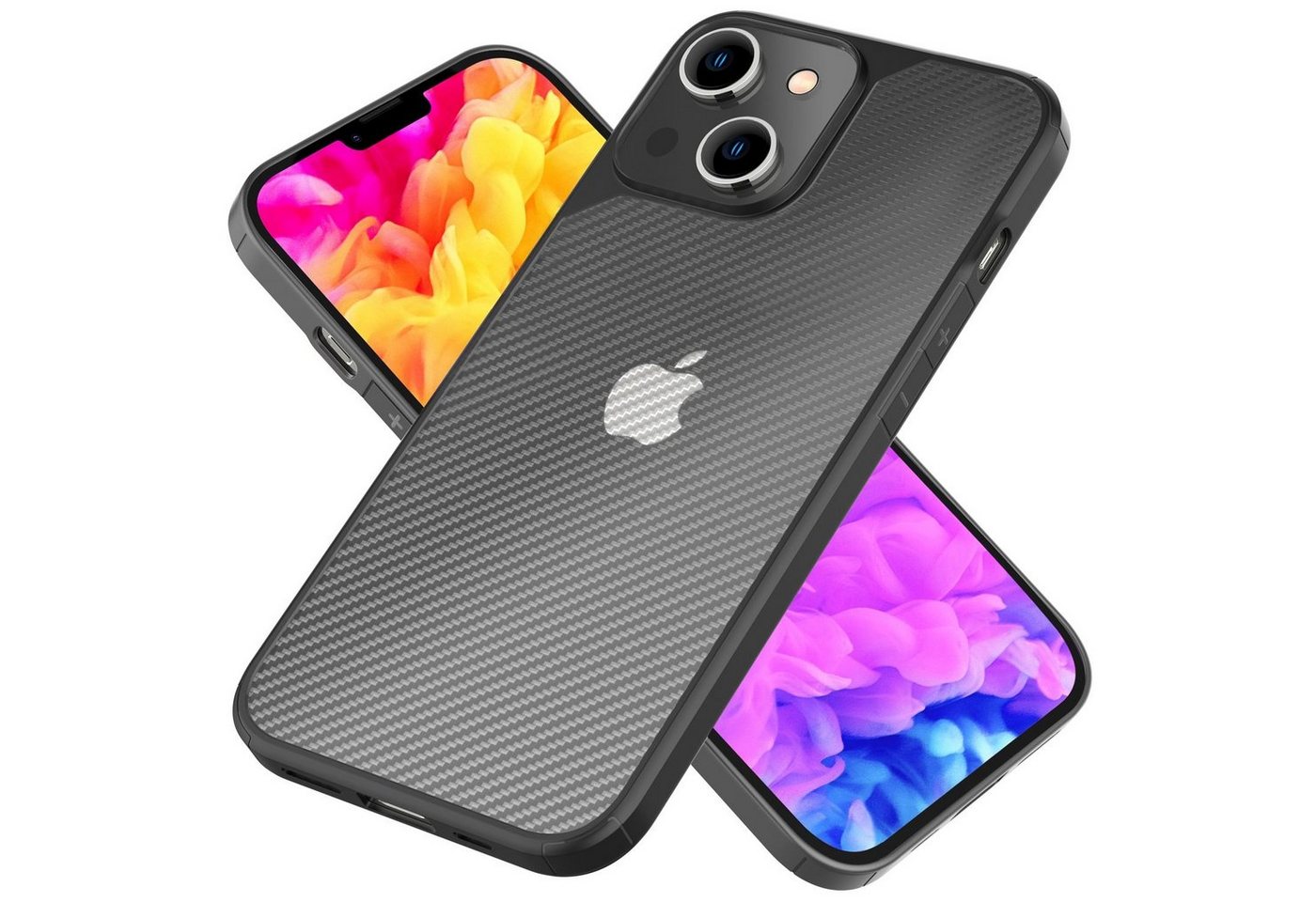 Nalia Smartphone-Hülle Apple iPhone 14 Plus, Matte Harte Carbon-Look Hülle / Transparent / Verstärkter Silikon-Rand von Nalia
