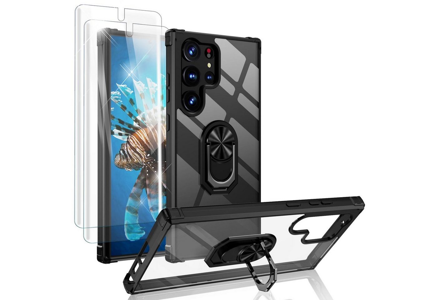 Nalia Smartphone-Hülle Samsung Galaxy S23 Ultra, Klare Hybrid Ring Hülle / 2x Displayschutz / Standfunktion / Kratzfest Nalia Smartphone-Hülle Samsung Galaxy S23 Ultra, Klare Hybrid Ring Hülle / 2x Displayschutz / Standfunktion / Kratzfest von Nalia