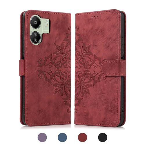 Namenand Lederhülle für Xiaomi Redmi 14C 4G Hülle, Flip Wallet Handyhülle PU Leder Tasche, 3 Kartenfächer Standfunktion Eleganter Prägung Schutzhülle Ledertasche für Xiaomi Redmi 14C 4G, Rot von Namenand
