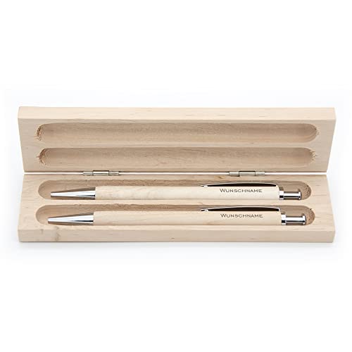 Schreibset mit Namen: Kugelschreiber und Bleistift graviert - aus Holz in einer schlichten Box von Namenbar