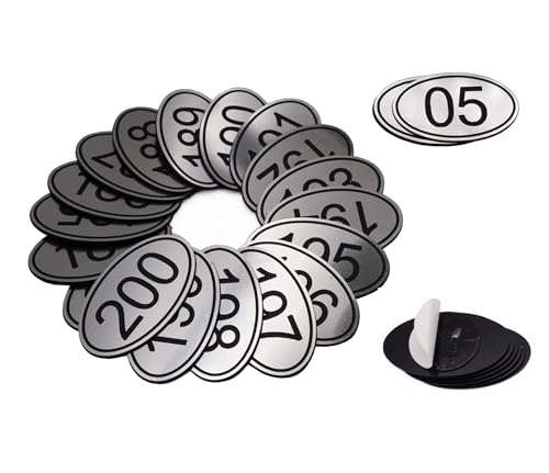 NanTun 100 Sets ABS gravierte Silber ovale Tischnummern Schließfach-Tags mit doppelseitigem Klebeband – 1 bis 100 von NanTun