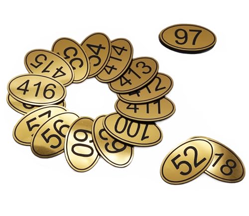 NanTun 100 Sets ABS gravierte goldene ovale Tischnummern mit doppelseitigem Klebeband – 1 bis 100 von NanTun