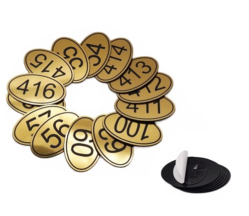 NanTun 100 Sets ABS gravierte goldene ovale Tischnummern Schließfach-Tags mit doppelseitigem Klebeband – 1 bis 100 von NanTun