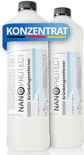 Nanoprotect Grünbelagentferner Konzentrat | 2 x 1 kg für 400 m² | Algenentferner und Fassadenreiniger | Kein Hochdruckreiniger nötig | Ideal für Pflastersteine und Gehwege von Nanoprotect