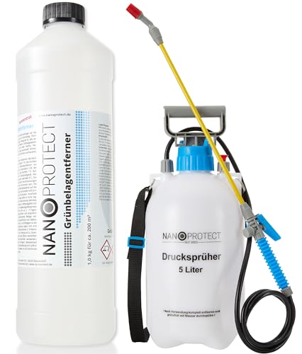 Nanoprotect Grünbelagentferner Konzentrat | Algenentferner und Fassadenreiniger | Kein Hochdruckreiniger nötig | Ideal für Pflastersteine und Gehwege | 1 kg + Drucksprüher für bis zu 200 m² von Nanoprotect