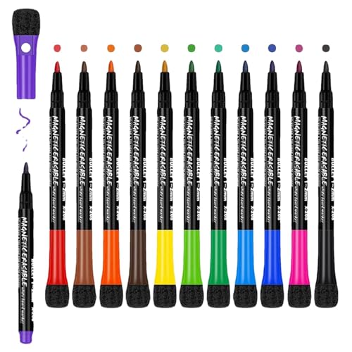 Naqqios Magnetischer Whiteboard-Marker, trocken abwischbar, magnetisch, mit Radiergummi, 12 x bunte, trocken abwischbare Marker, mit Spitze von Naqqios