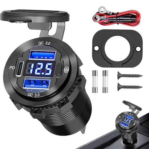 USB Auto Ladegerät - USB Multiport Auto Ladegerät Dual USB QC3.0 und PD3.0 mit Knopf | Wasserdichte Auto Steckdose Aluminiumlegierung 12-24V für Co von Naqqios