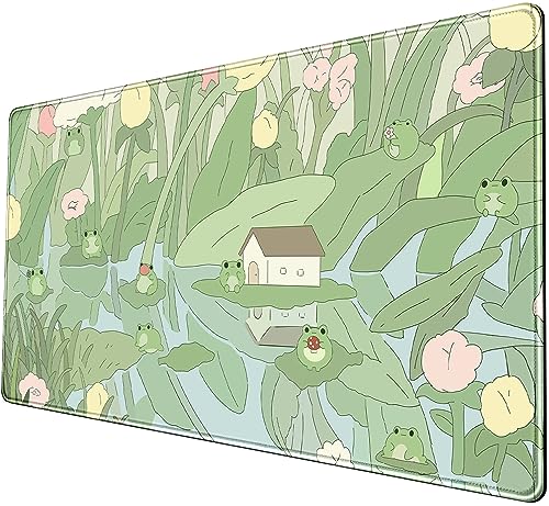 Green Frog Tastaturmatte, niedlich, 80 x 40 cm, grünes Blumenfrosch-Mauspad, Pflanzen-Tischunterlage, ästhetische Schreibtischmatte, Anime-Mauspad, Schreibtisch-Organizer, große Gaming-Pads von Nasdalgias