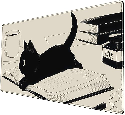 Mauspad, Motiv: schwarze Katze, groß, 80 x 40 cm, Beige von Nasdalgias