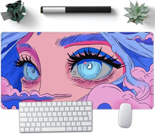 Nasdalgias Anime Girl Loving Eye Schreibtischunterlage, rosa Schreibtischunterlage, ästhetisches japanisches Mauspad, großes XXL-Gaming-Mauspad, Computer-Tastaturmatte, Schreibtischmatte für von Nasdalgias