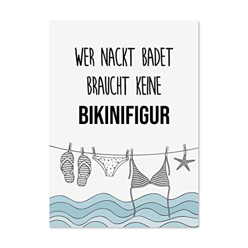 Postkarte lustig Wer nackt badet braucht keine BIKINIFIGUR Postkarte Sprüche von Nastami
