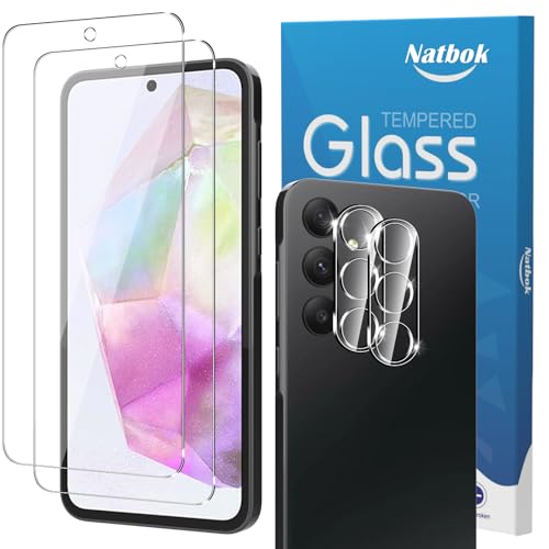 Natbok Schutz Glas für Samsung Galaxy A35 5G Panzerglas, 2 Stück 9H Härte Schutzfolie und 2 Stück Kameraschutz für Galaxy A35 5G, Anti-Kratz, Anti-Blasenfrei Displayschutzfolie von Natbok