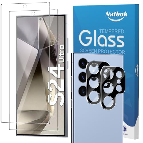 Natbok Schutzfolie für Samsung Galaxy S24 Ultra 6.8'' Panzerglas, 2 Stück 9H Härte Schutz Glas und 2 Stück Kameraschutz für Galaxy S24 Ultra, Anti-Kratz, Anti-Blasenfrei Displayschutzfolie von Natbok