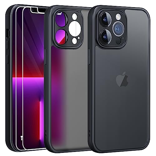 Natiiozie Matt für iPhone 13 Pro Max Hülle und 2 Hartglas Schutzfolie, mit Kameraschutz [Militärnorm Schutz] Mattierte Durchscheinende PC Rückseite TPU Bumper Handyhülle für iPhone 13 Pro Max -Schwarz von Natiiozie