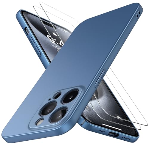 Natiiozie Ultra Dünn Handyhülle für iPhone 15 Pro Hülle PP Case mit 2 Stück Panzerfolie, Slim Leicht Hartschale mit Voll Kameraschutz Kratzfeste Matt Hülle für iPhone 15 Pro Schutzhülle - Blau von Natiiozie