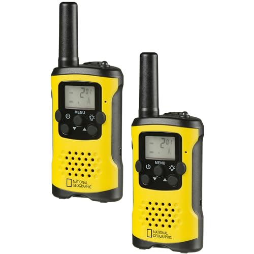 National Geographic Walkie-Talkie 2er-Set, kompakte Funkgeräte mit sehr hoher Reichweite bis zu 6 km, Frei-Hand-Funktion und integrierter Taschenlampe, Schwarz-Gelb, 9111450 von National Geographic