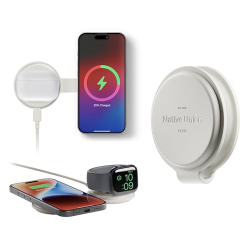 Native Union Voyage 2-in-1 Magnetic Wireless Charger – Faltbare Reiseladestation für iPhone 16, AirPod, Apple Watch & mehrere Geräte – Qi2 Zertifiziert & MagSafe kompatibel bis zu 15W (Sandstein) von Native Union