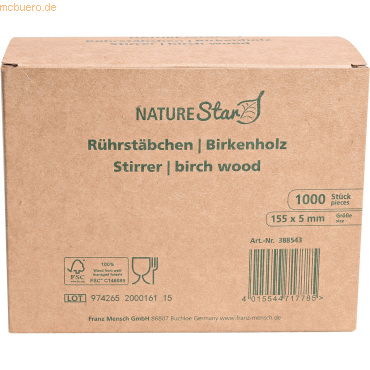 10 x NatureStar Rührstäbchen Bio 155mm Holz FSC VE=1000 Stück von NatureStar