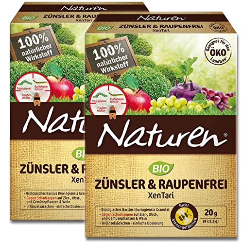 Naturen Zünsler und Raupenfrei XenTari, Hoch wirksames biologisches Präparat zur Bekämpfung von Buchsbaumzünsler an Buchsbäumen und Schadraupen an Zierpflanzen, Obst, Gemüse, 16 x 2,5 g Portionsbeutel von Naturen