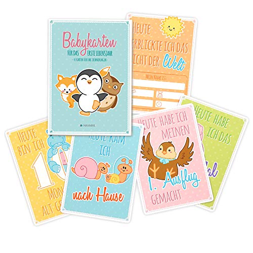 Navaris Baby Karten Meilenstein Cards - erstes Jahr nach Geburt - Erinnerungen an die ersten Monate - 45er Set für Jungen und Mädchen auf Deutsch von Navaris